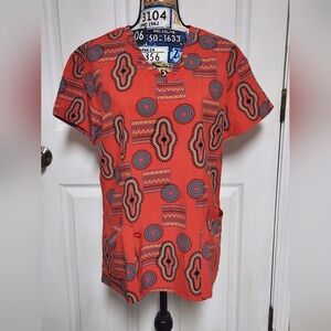 Divine Stretch Women's Large Red Geometric Print Scrub Top